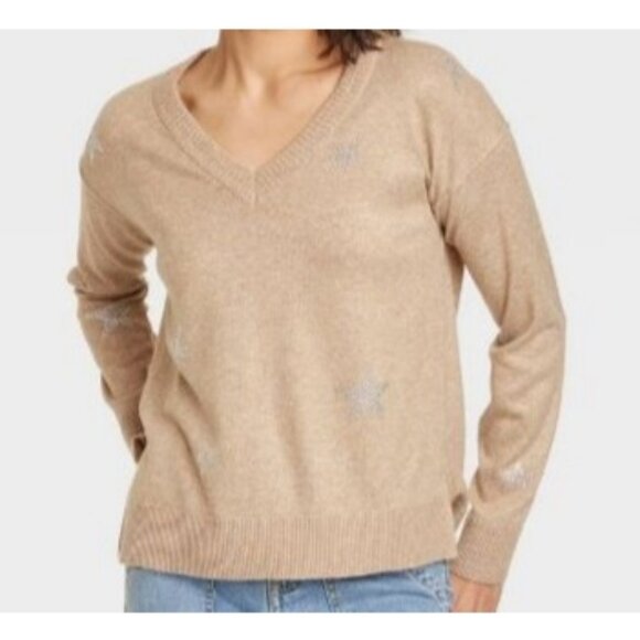 Knox Rose Women's V-Neck Pullover Sweater Tan Medium - Picture 2 of 11